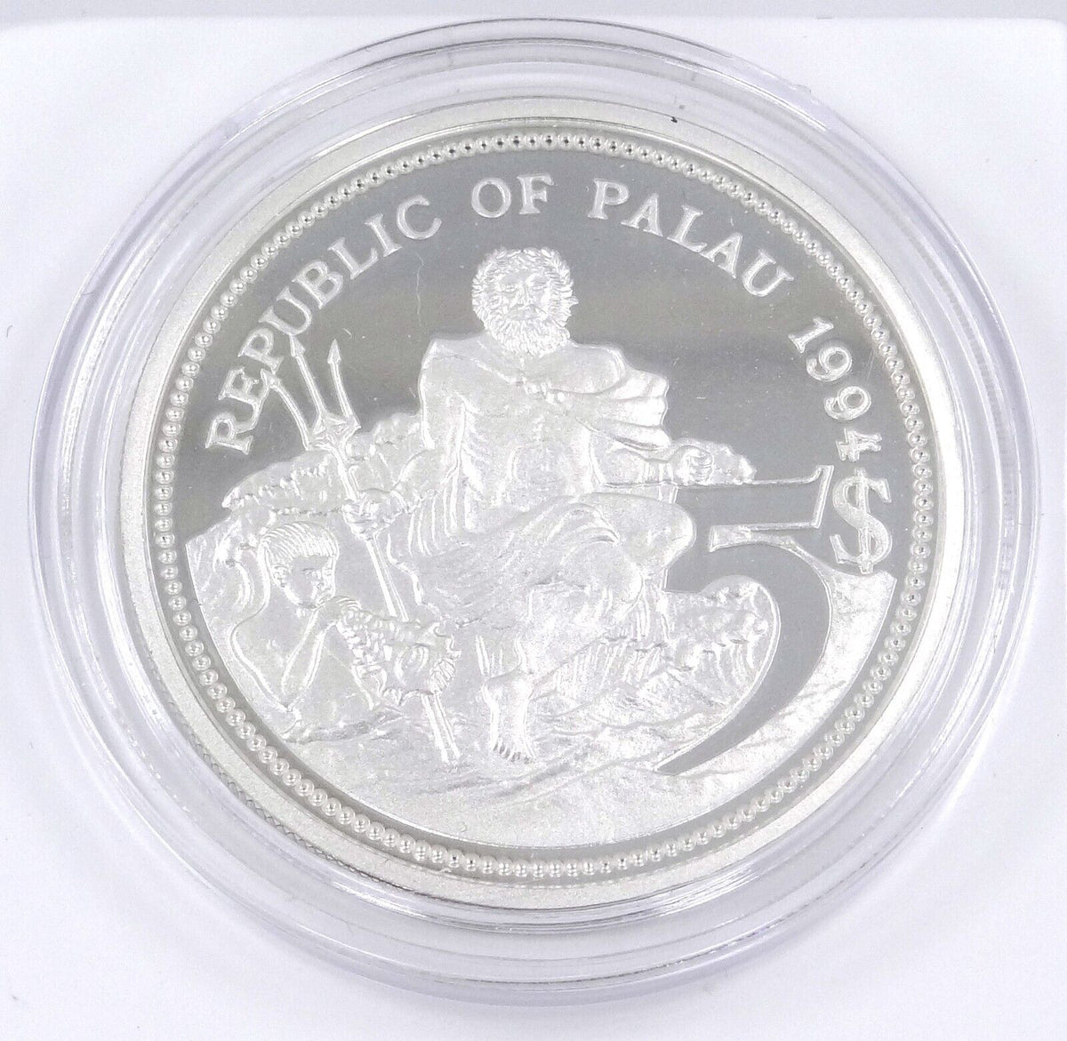 25g Silver Coin 1994 $5 Palau Color Proof Marine Life Protection-classypw.com-2