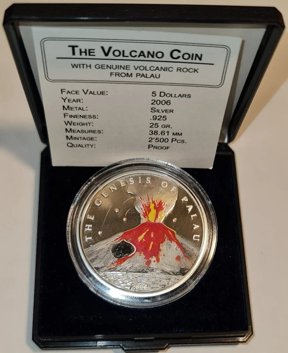 25g Silver Coin 2006 $5 Palau The Volcano Coin Genuine Volcanic Rock from Palau-classypw.com-3