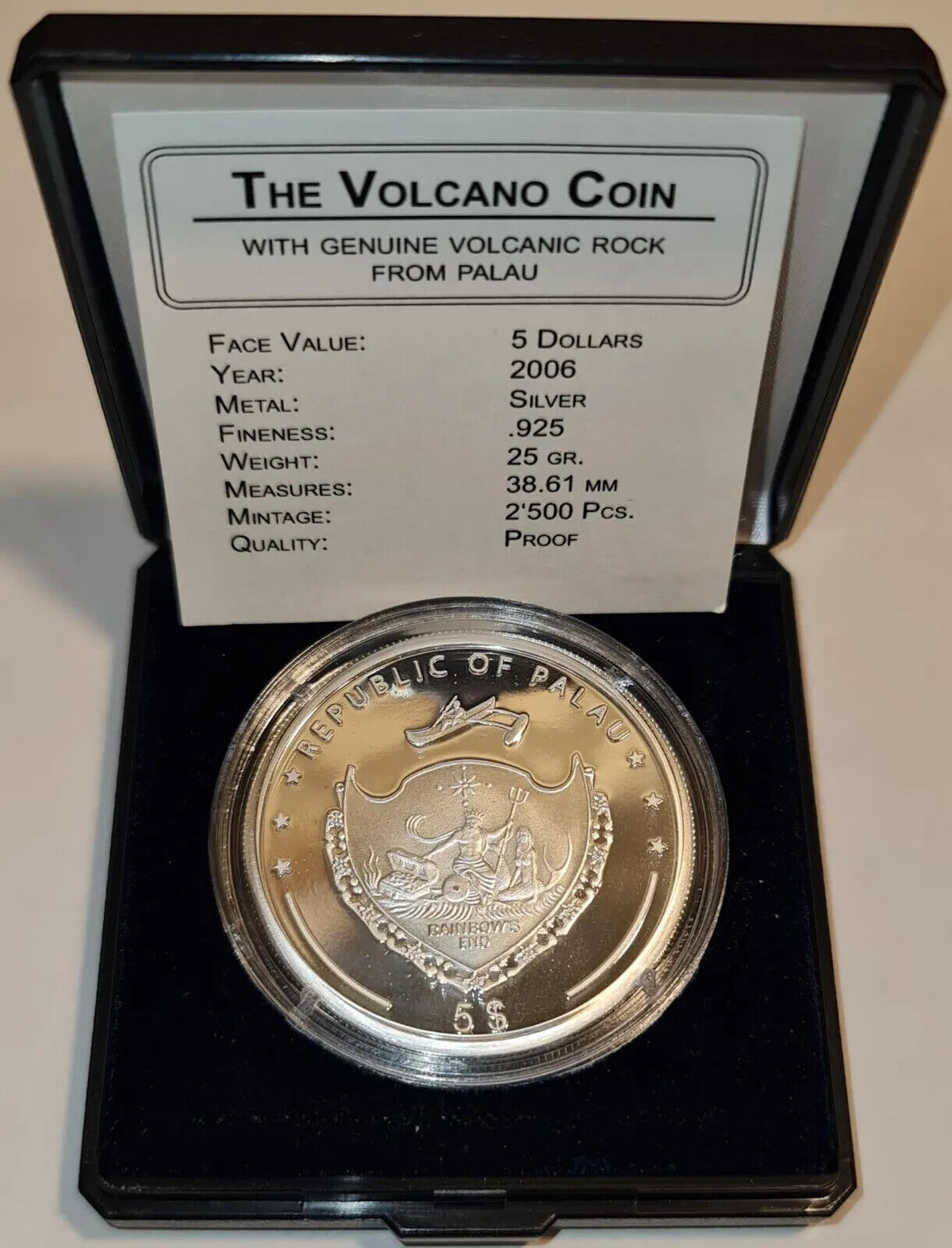 25g Silver Coin 2006 $5 Palau The Volcano Coin Genuine Volcanic Rock from Palau-classypw.com-4