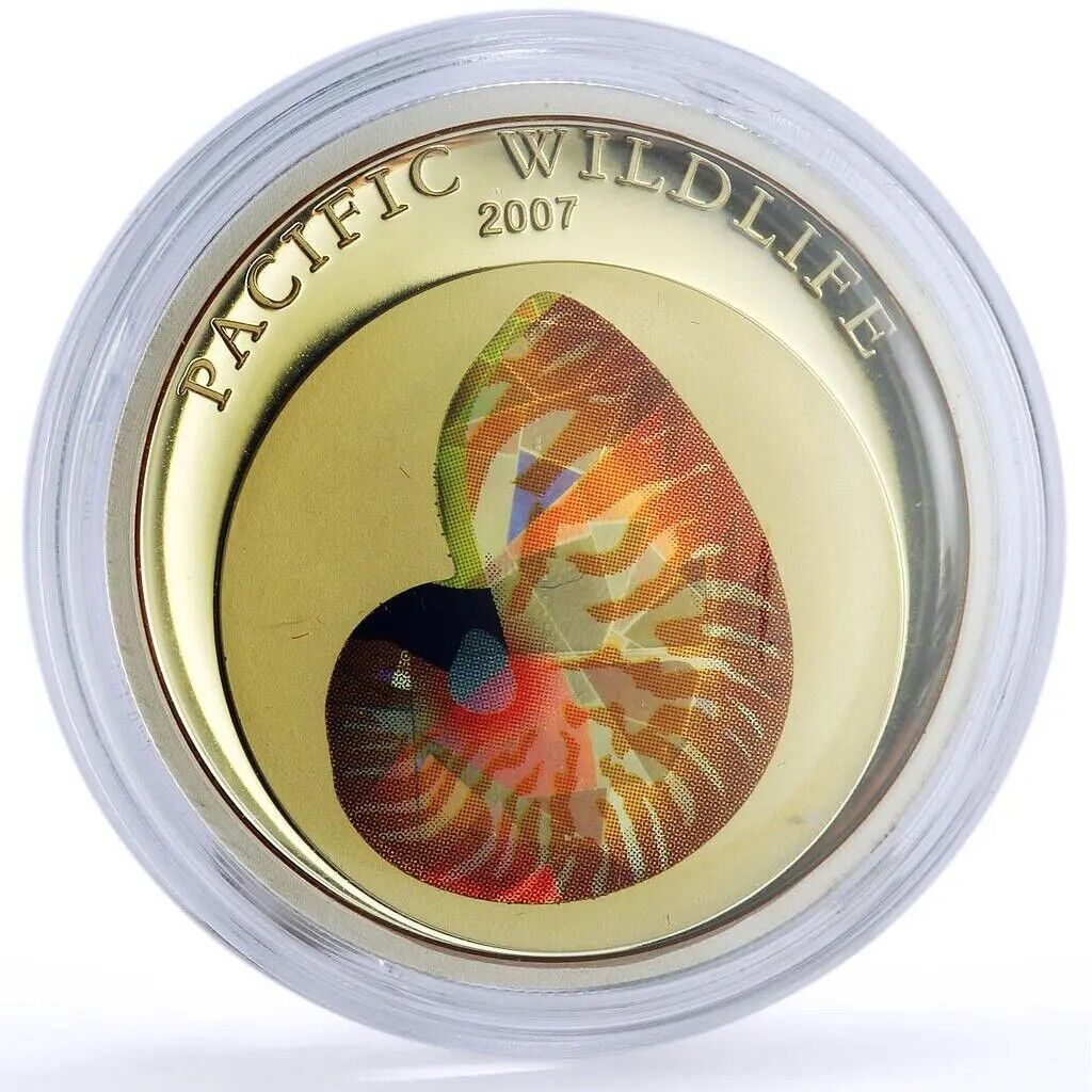 25g Silver Coin 2007 $5 Palau Pacific Wildlife Nautilus Prism-classypw.com-2