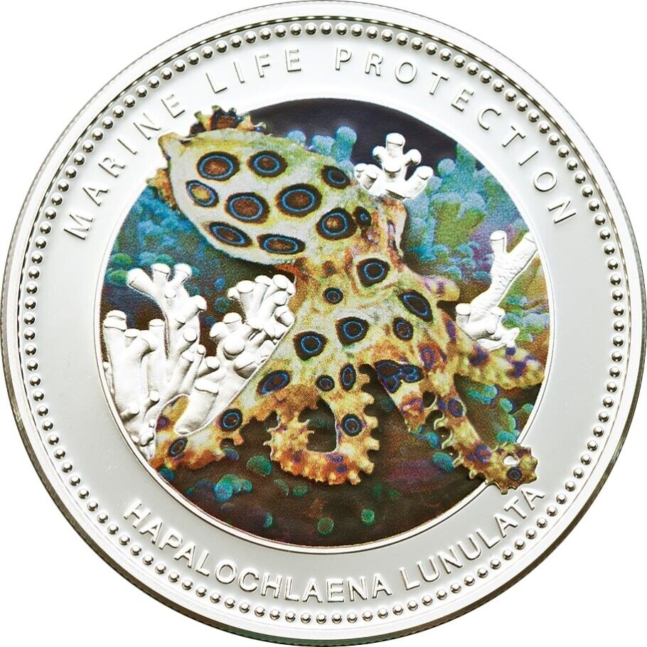 25g Silver Coin 2012 Palau $5 Blue Ringed Octopus Hapalochlaena Lunulata Color-classypw.com-1