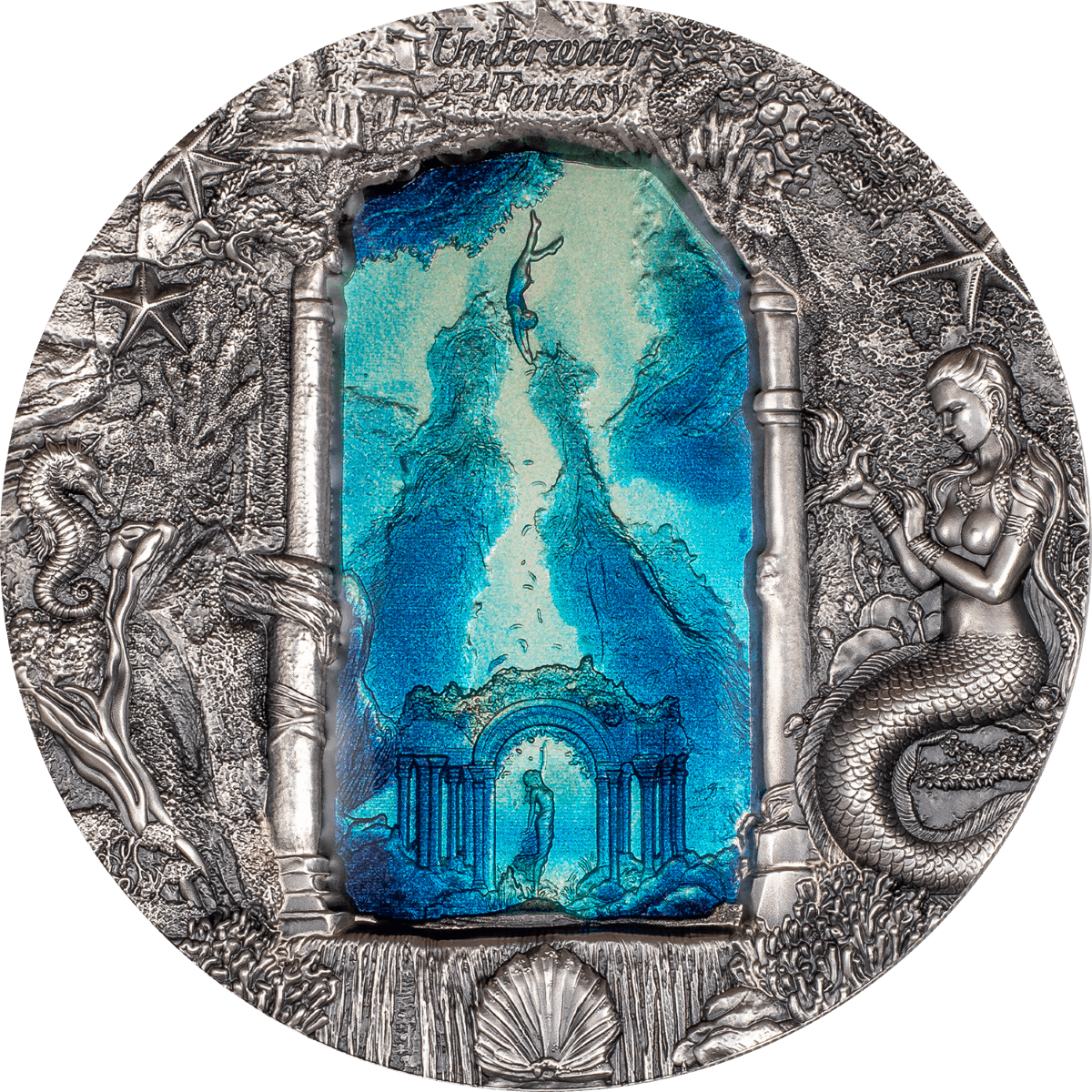 3 Oz Silver Coin 2024 Palau $20 Underwater Fantasy Mermaids Ultra High Relief