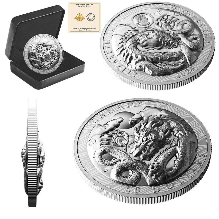 3 oz Silver Coin 2024 Canada $50 Year of The Dragon Extraordinarily High Relief
