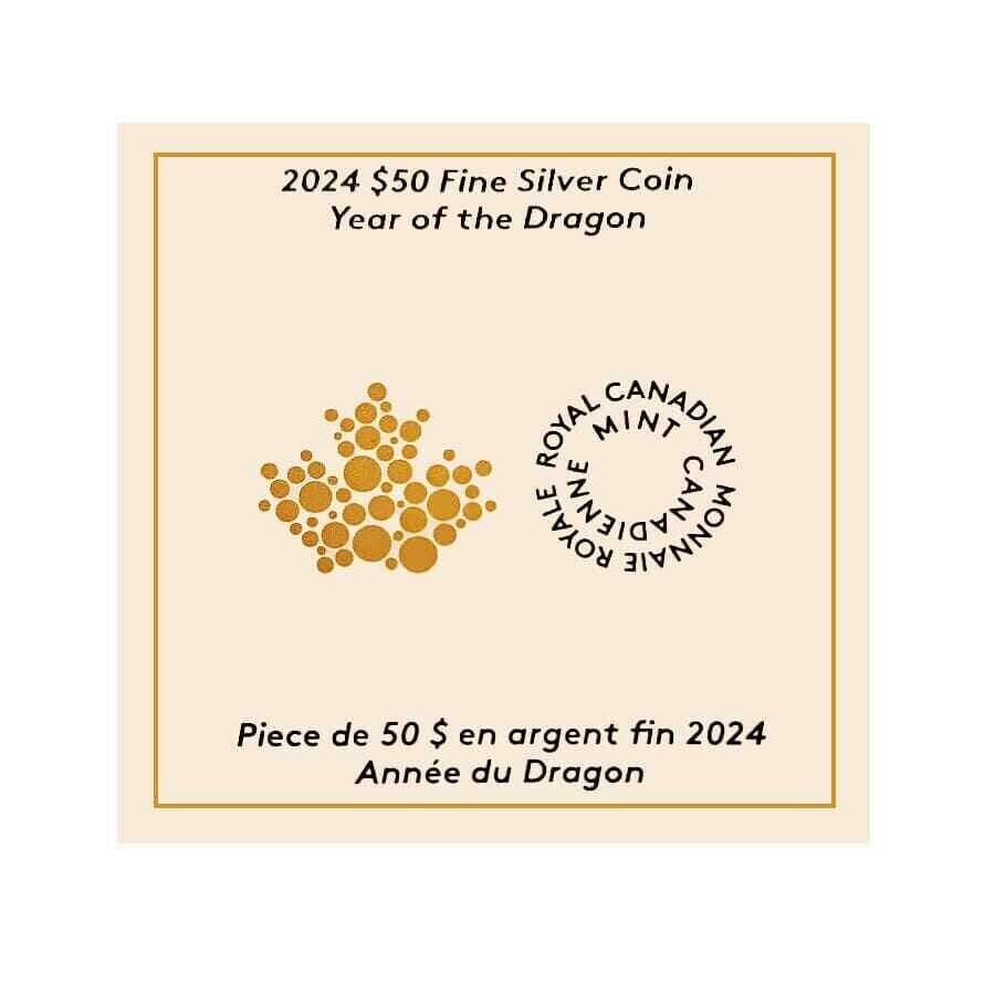 3 oz Silver Coin 2024 Canada $50 Year of The Dragon Extraordinarily High Relief
