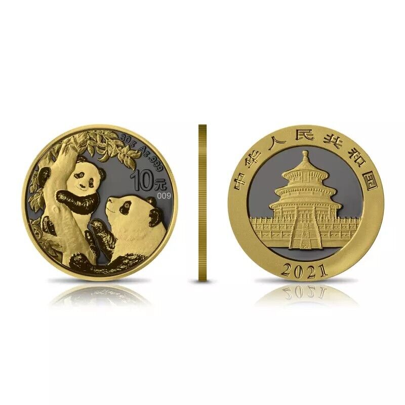 30g Silver Coin 2021 10 Yuan China Panda Golden Ring #91 / 500