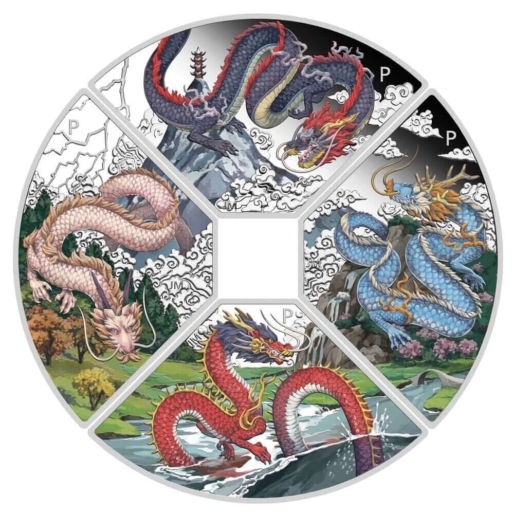 4 X 1 oz Silver Coin 2024 Australian Year of the Dragon Color Quadrant Coin Set