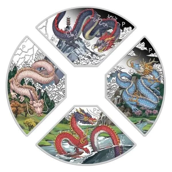 4 X 1 oz Silver Coin 2024 Australian Year of the Dragon Color Quadrant Coin Set