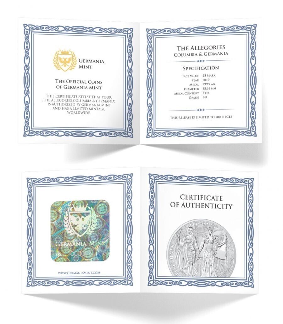 5 Oz Silver Coin 2019 25 Mark Columbia & Germania - BU Limited Edition 500-classypw.com-5