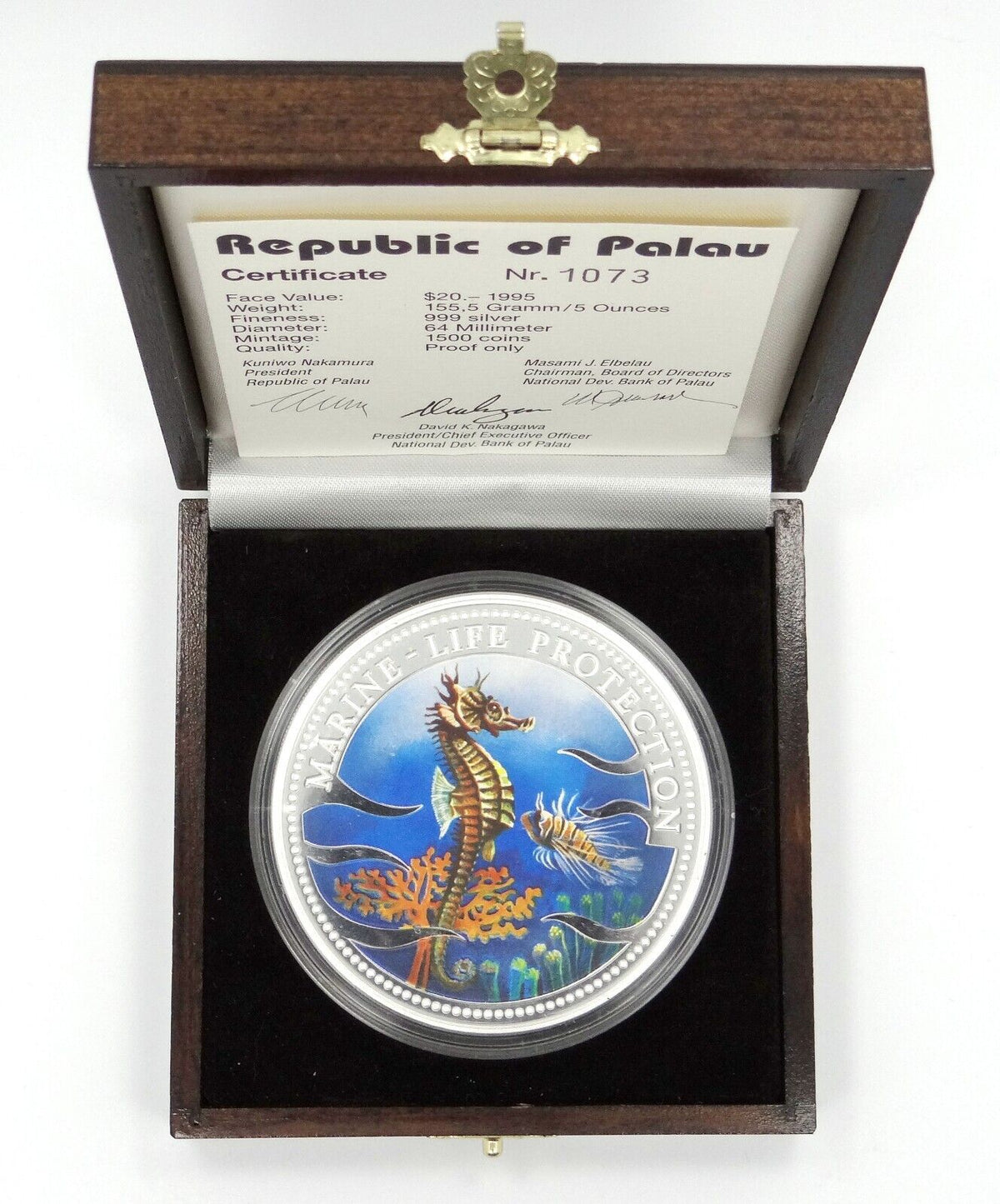 5 oz Silver Coin 1995 $20 Palau Marine Life Protection Seahorse With Box &amp; COA