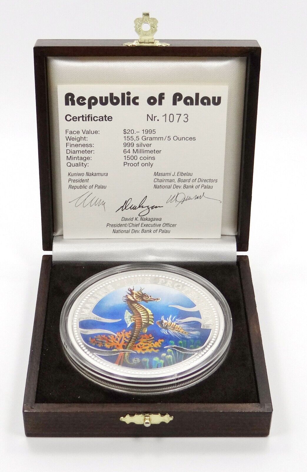 5 oz Silver Coin 1995 $20 Palau Marine Life Protection Seahorse With Box &amp; COA