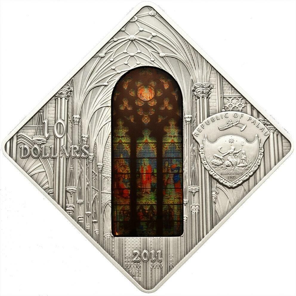 50g Silver Coin 2011 Palau $10 Sacred Art Holy Windows St. Patrick's Cathedral