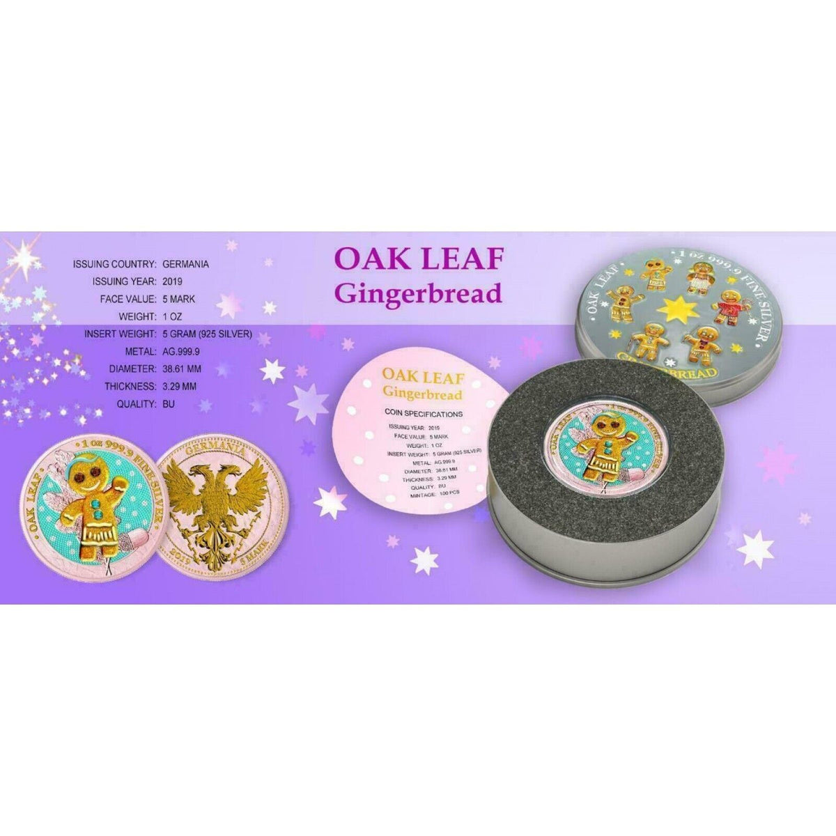 6 - 1 Oz Silver Coin 2019 5 Mark Germania Oak Leaf Bejeweled Gingerbread Man Set-classypw.com-11