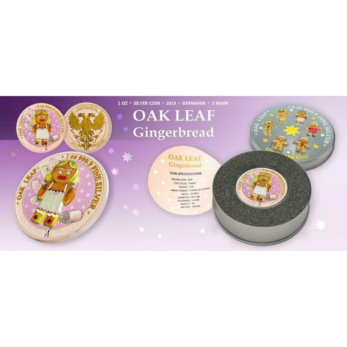 6 - 1 Oz Silver Coin 2019 5 Mark Germania Oak Leaf Bejeweled Gingerbread Man Set-classypw.com-14