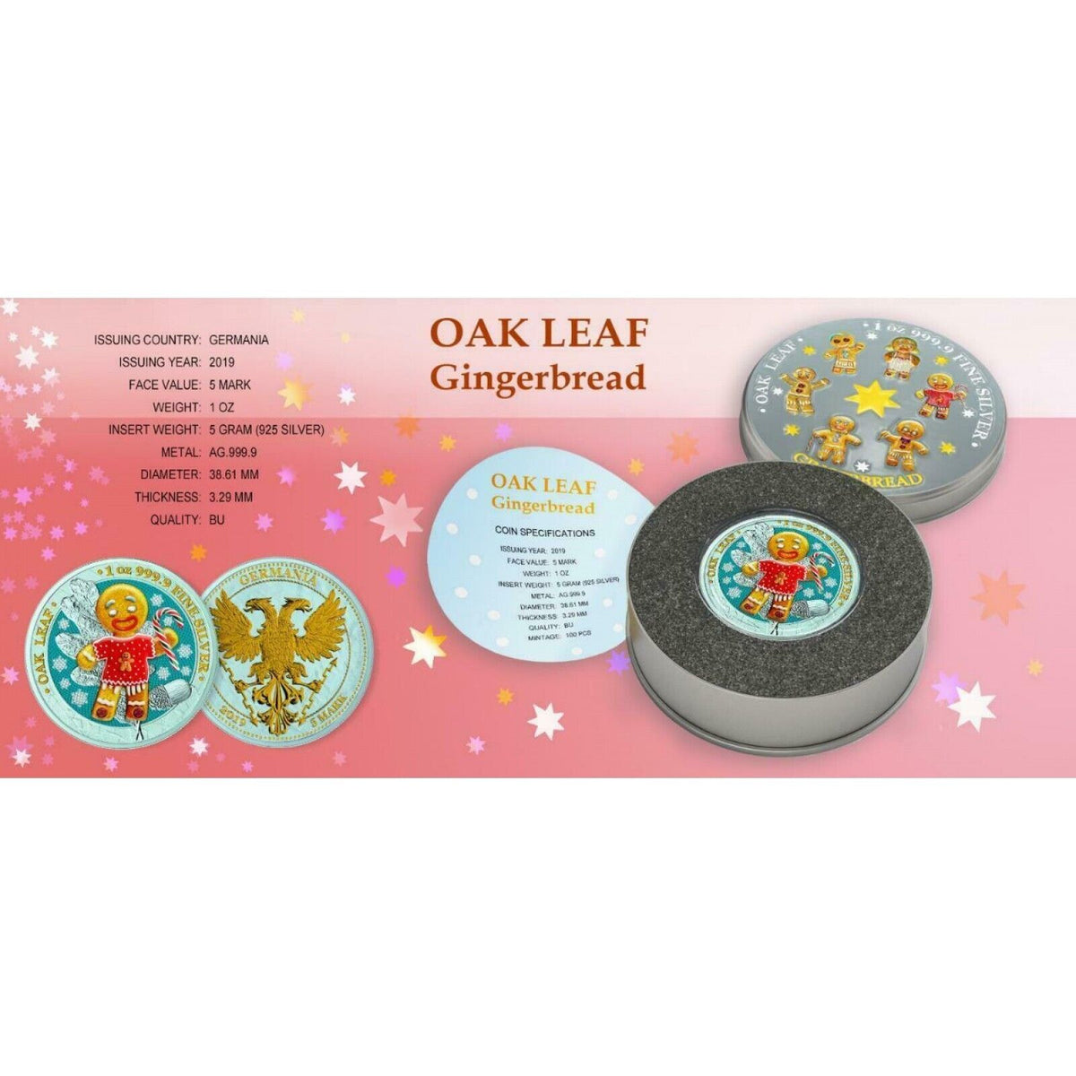 6 - 1 Oz Silver Coin 2019 5 Mark Germania Oak Leaf Bejeweled Gingerbread Man Set-classypw.com-17