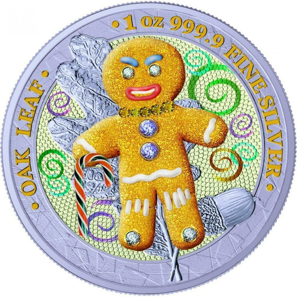 6 - 1 Oz Silver Coin 2019 5 Mark Germania Oak Leaf Bejeweled Gingerbread Man Set-classypw.com-18