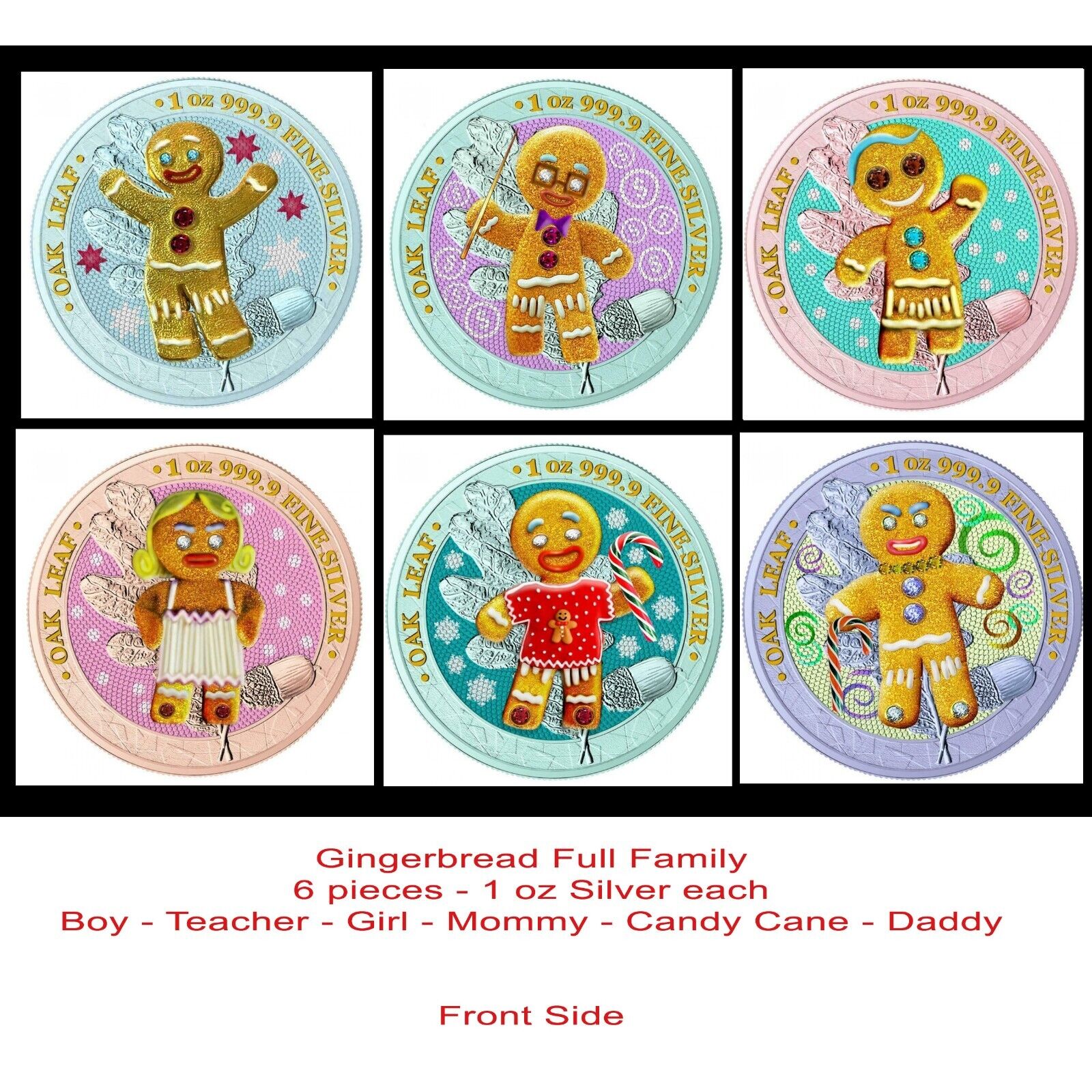 6 - 1 Oz Silver Coin 2019 5 Mark Germania Oak Leaf Bejeweled Gingerbread Man Set-classypw.com-1