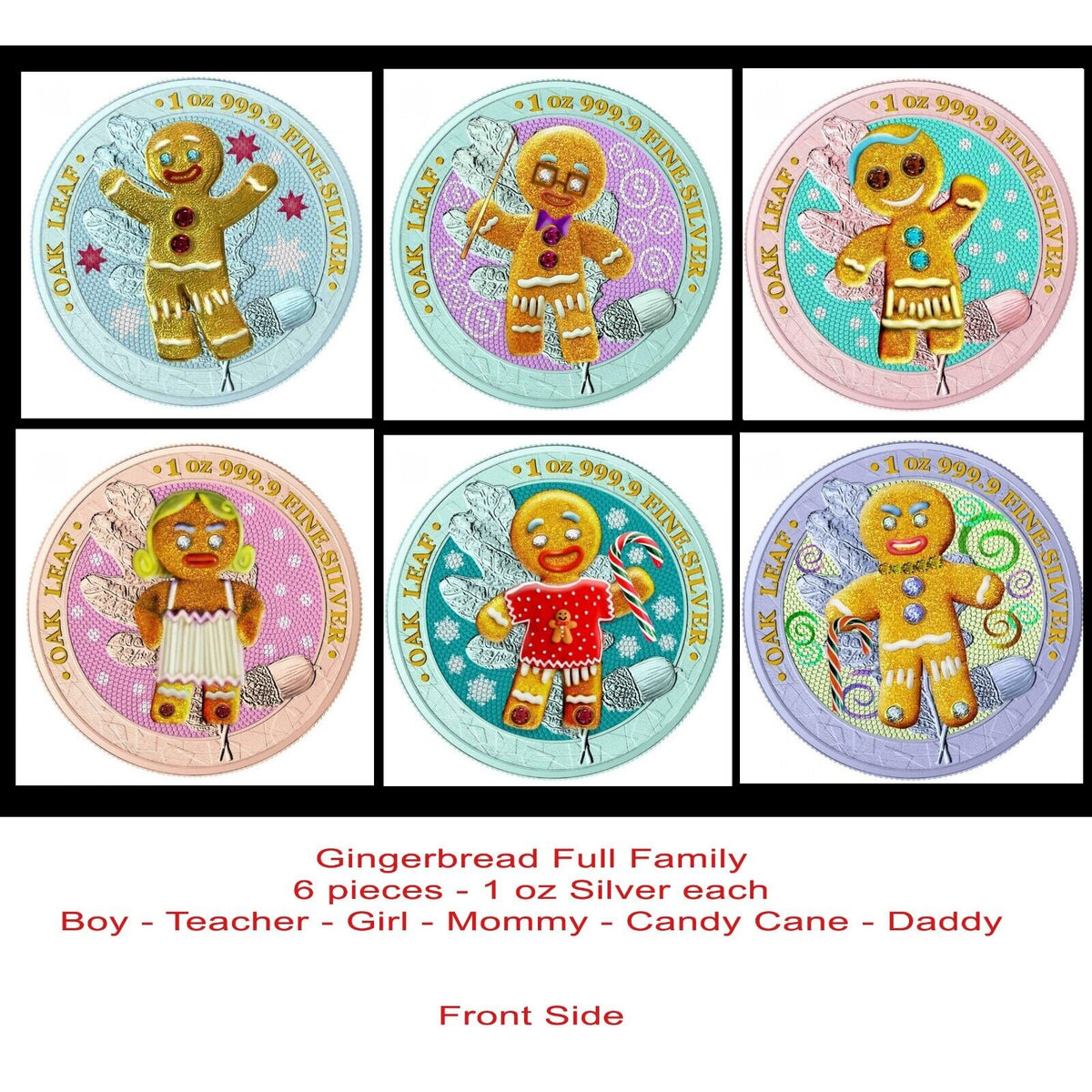 6 - 1 Oz Silver Coin 2019 5 Mark Germania Oak Leaf Bejeweled Gingerbread Man Set-classypw.com-1