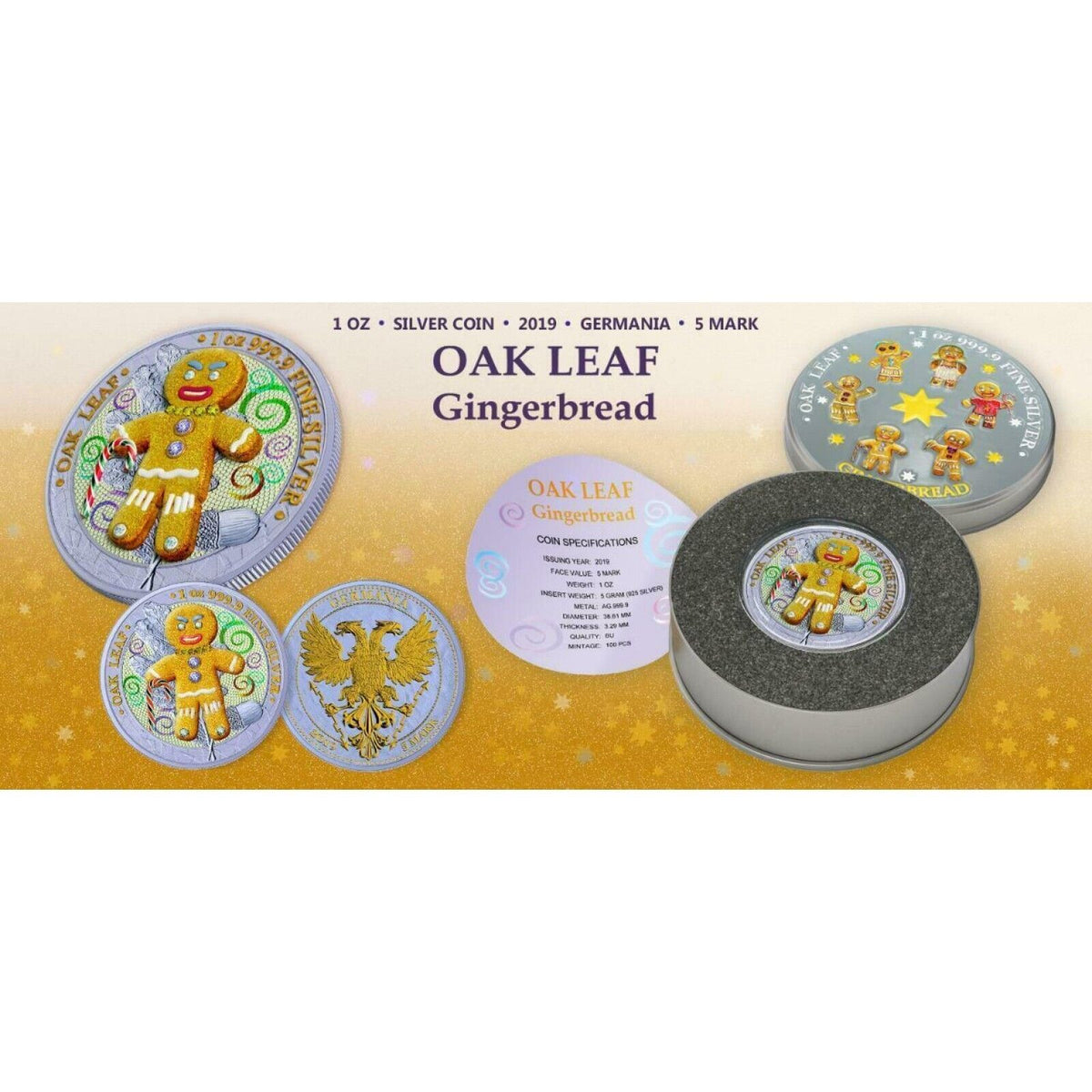 6 - 1 Oz Silver Coin 2019 5 Mark Germania Oak Leaf Bejeweled Gingerbread Man Set-classypw.com-20