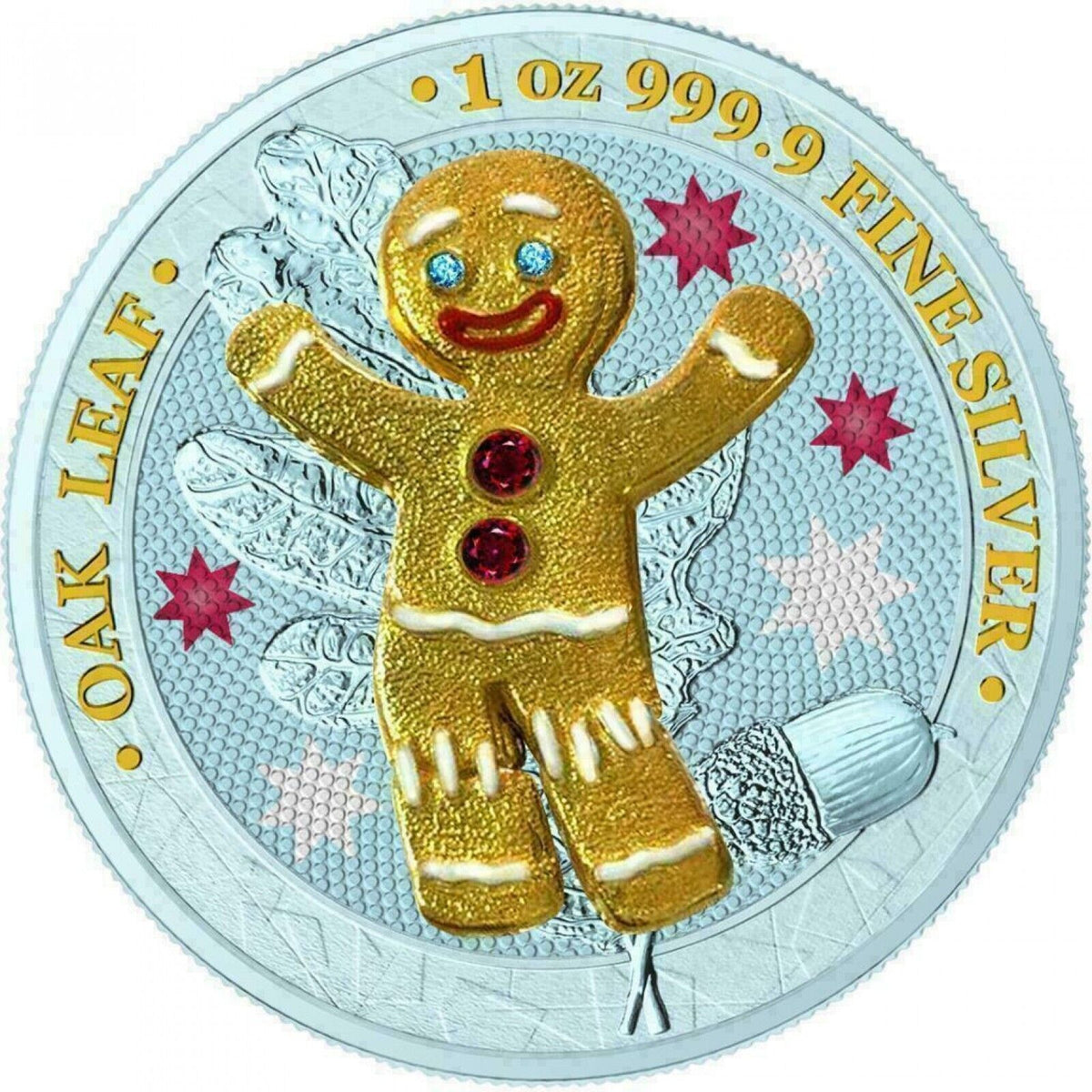 6 - 1 Oz Silver Coin 2019 5 Mark Germania Oak Leaf Bejeweled Gingerbread Man Set-classypw.com-3