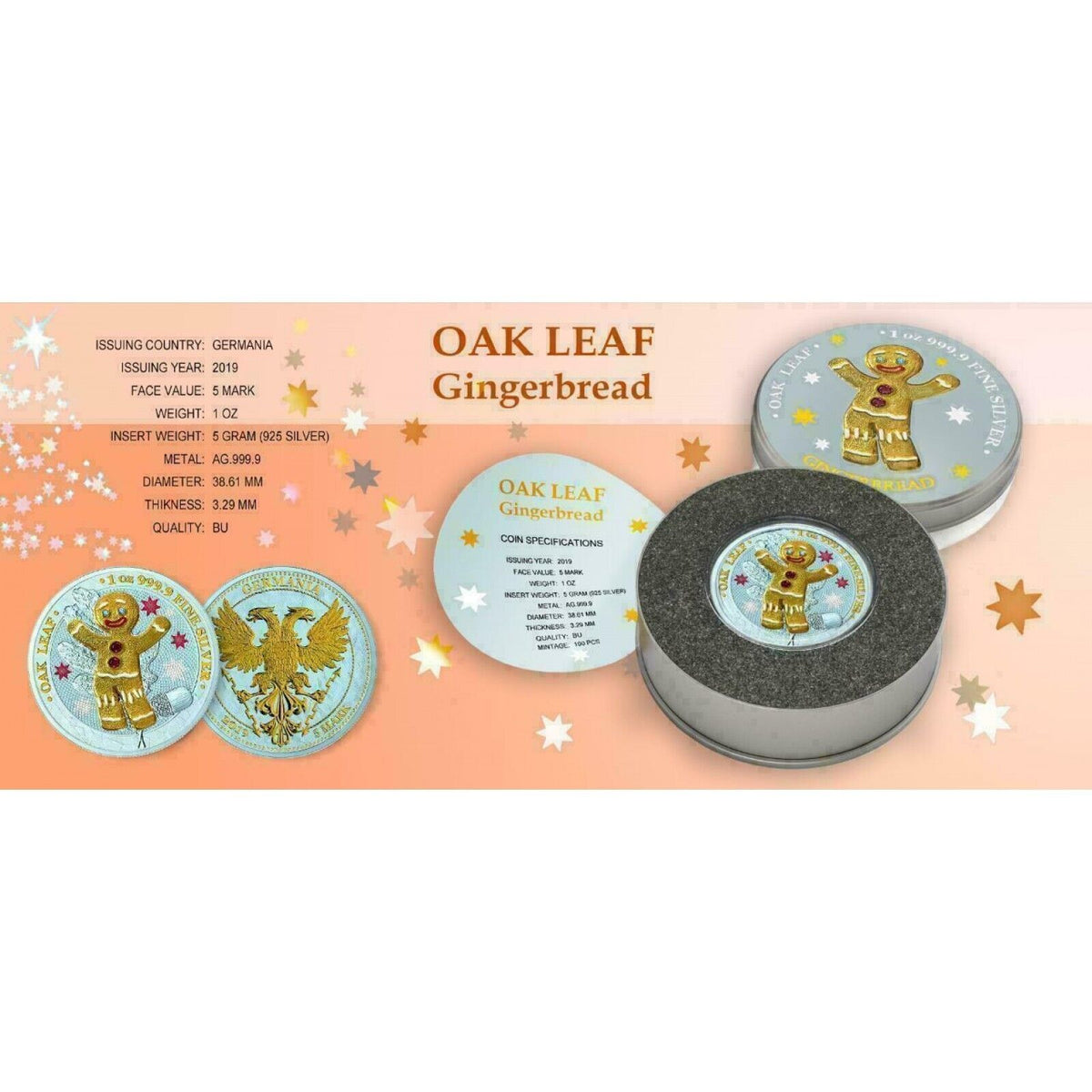 6 - 1 Oz Silver Coin 2019 5 Mark Germania Oak Leaf Bejeweled Gingerbread Man Set-classypw.com-5