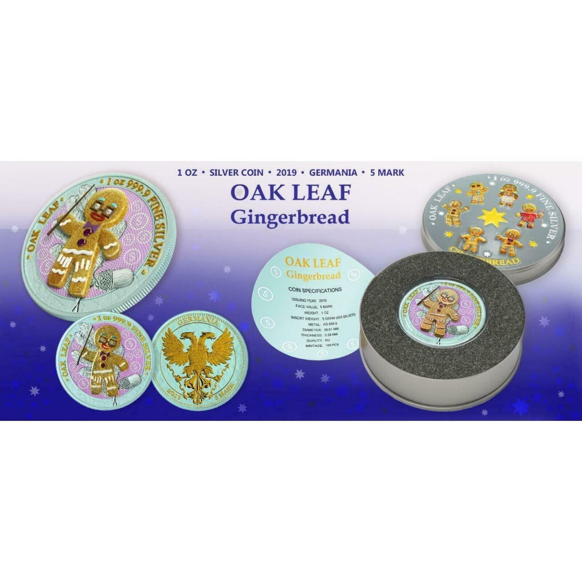 6 - 1 Oz Silver Coin 2019 5 Mark Germania Oak Leaf Bejeweled Gingerbread Man Set-classypw.com-8