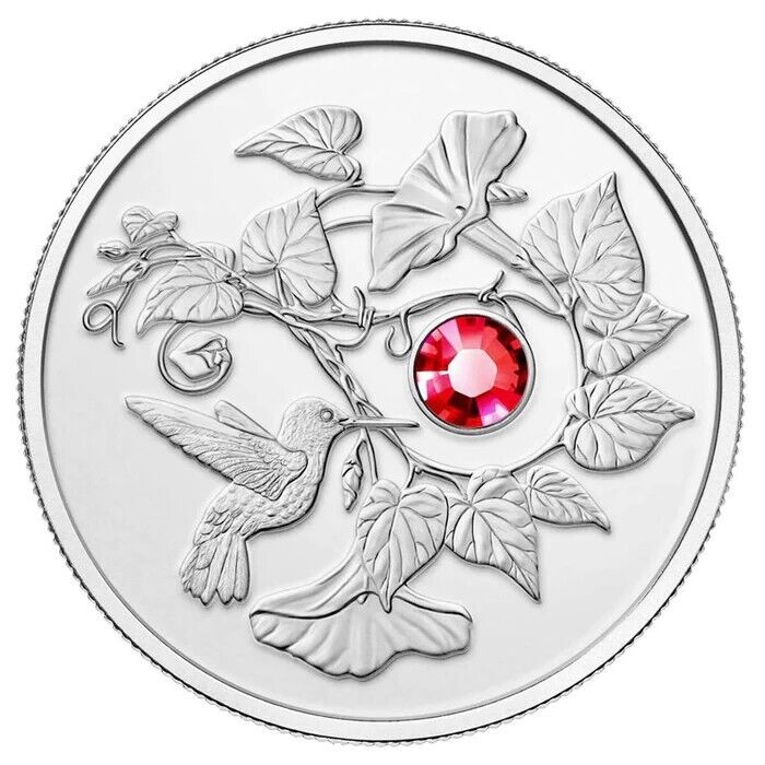 7.96g Silver Coin 2013 Canada $3 Hummingbird & Morning Glory Red Swarovski