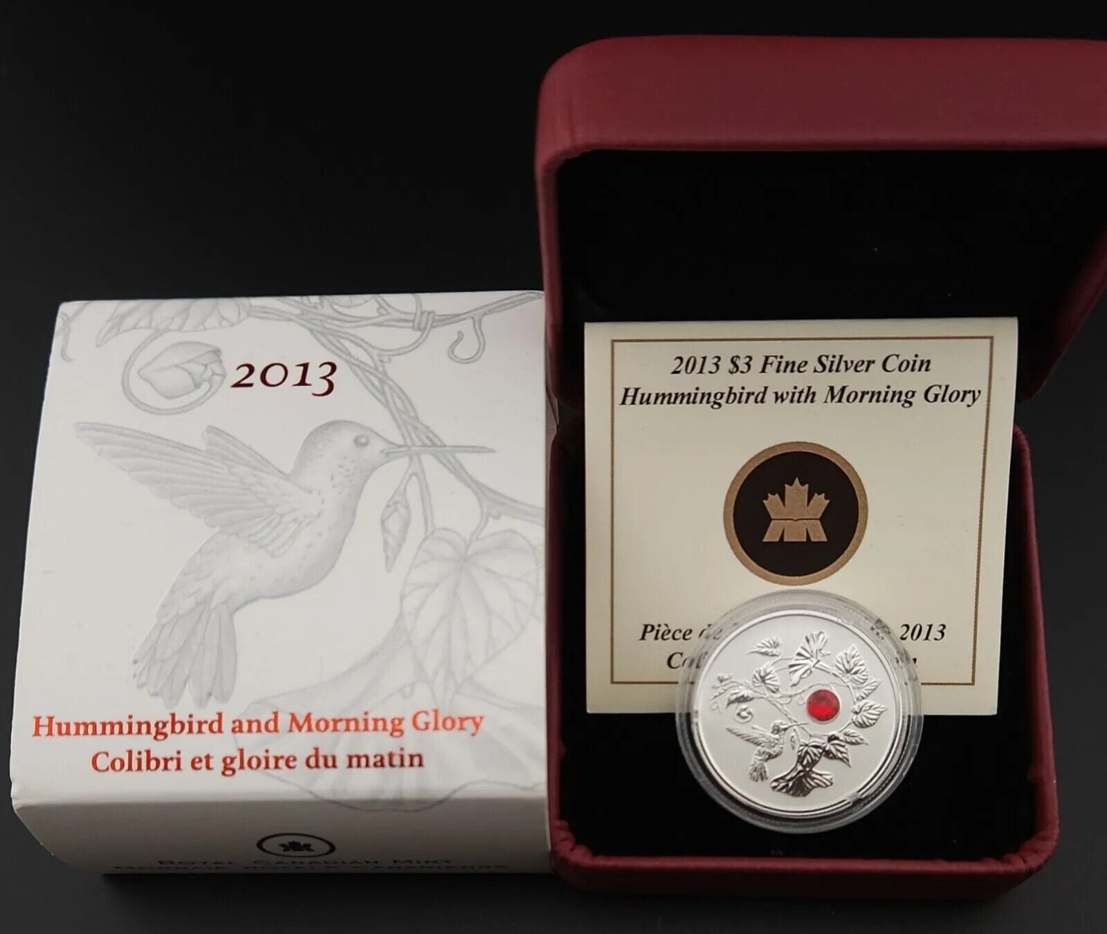 7.96g Silver Coin 2013 Canada $3 Hummingbird & Morning Glory Red Swarovski