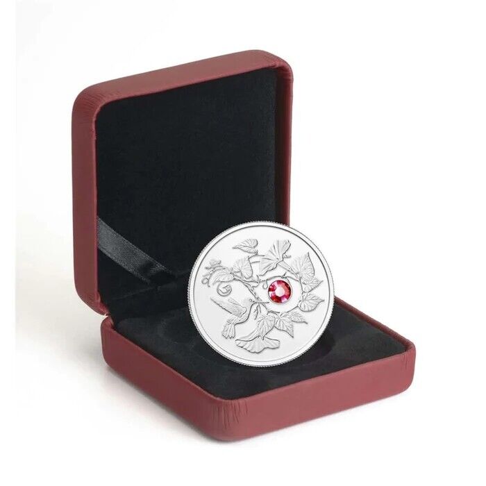 7.96g Silver Coin 2013 Canada $3 Hummingbird &amp; Morning Glory Red Swarovski