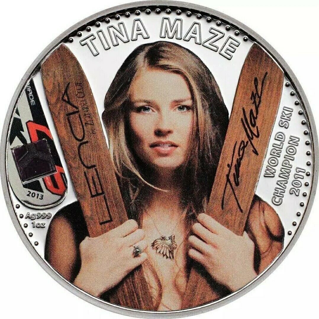 1 Oz Silver Coin 2013 Cook Islands $5 TINA MAZE Official World Ski Champion-classypw.com-2