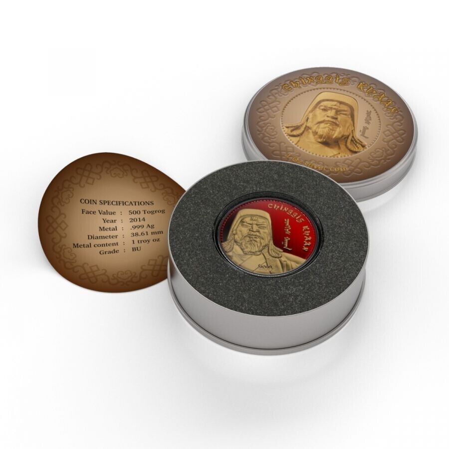 1 Oz Silver Coin 2014 500 Togrog Mongolia Chinggis Khaan Genghis Khan Space Red-classypw.com-3