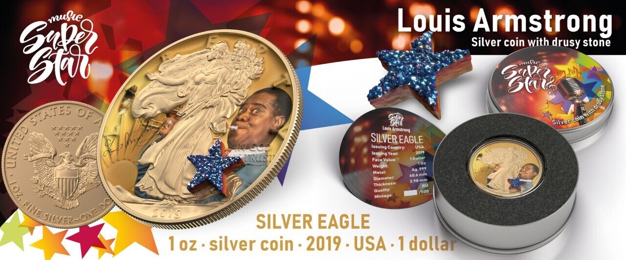 1 Oz Silver Coin 2019 $1 Liberty Music Superstar Louis Armstrong Trumpet Drusy-classypw.com-4