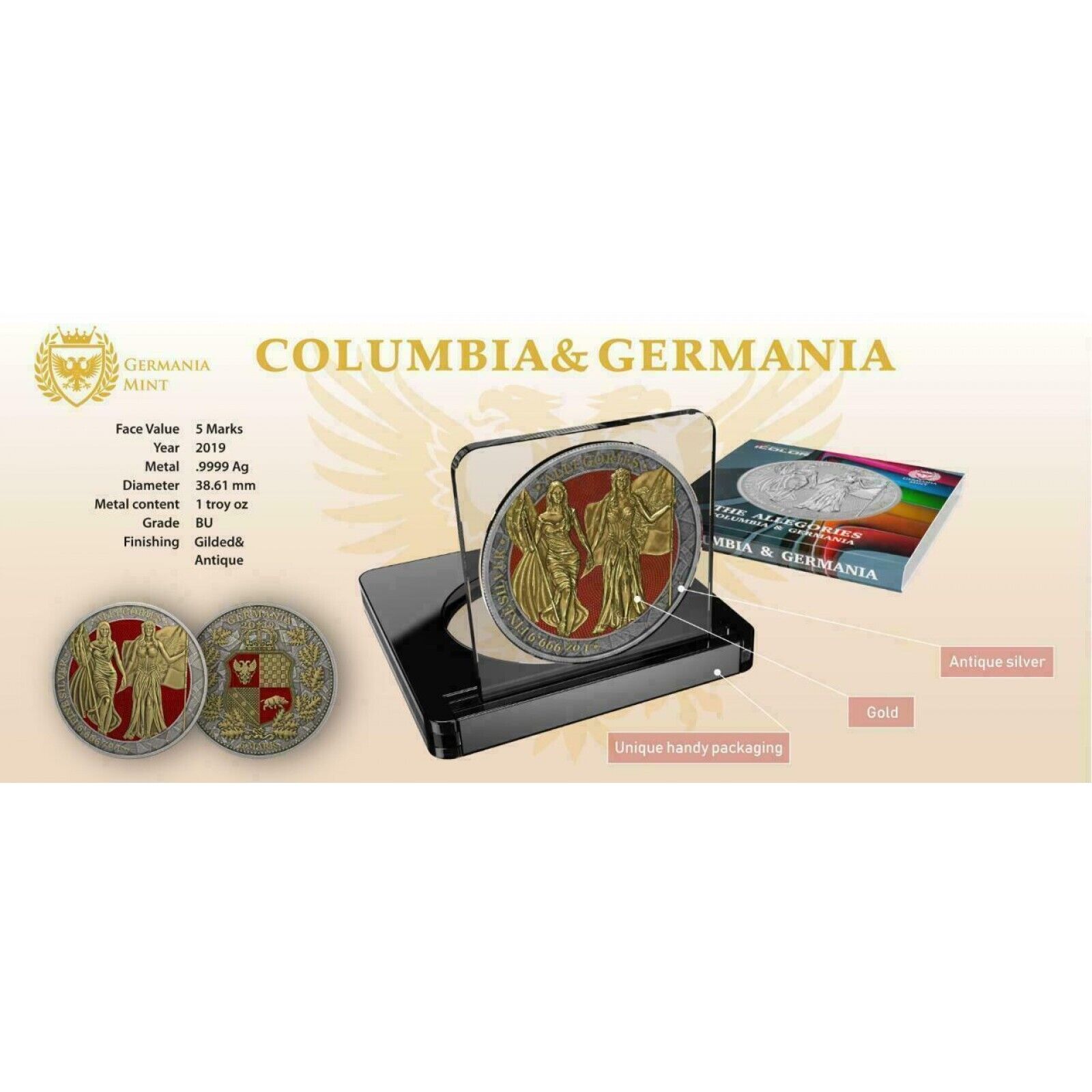 1 Oz Silver Coin 2019 5 Mark Columbia & Germania Allegories - Antique Gold-classypw.com-4