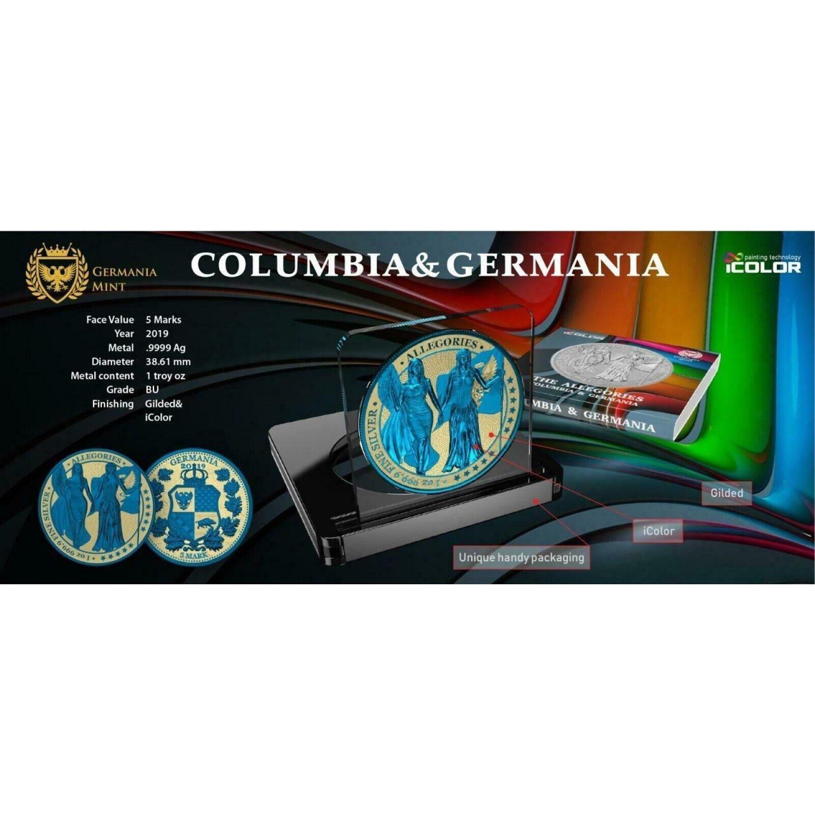 1 Oz Silver Coin 2019 5 Mark Columbia & Germania Allegories - Gilded Blue Gold-classypw.com-4