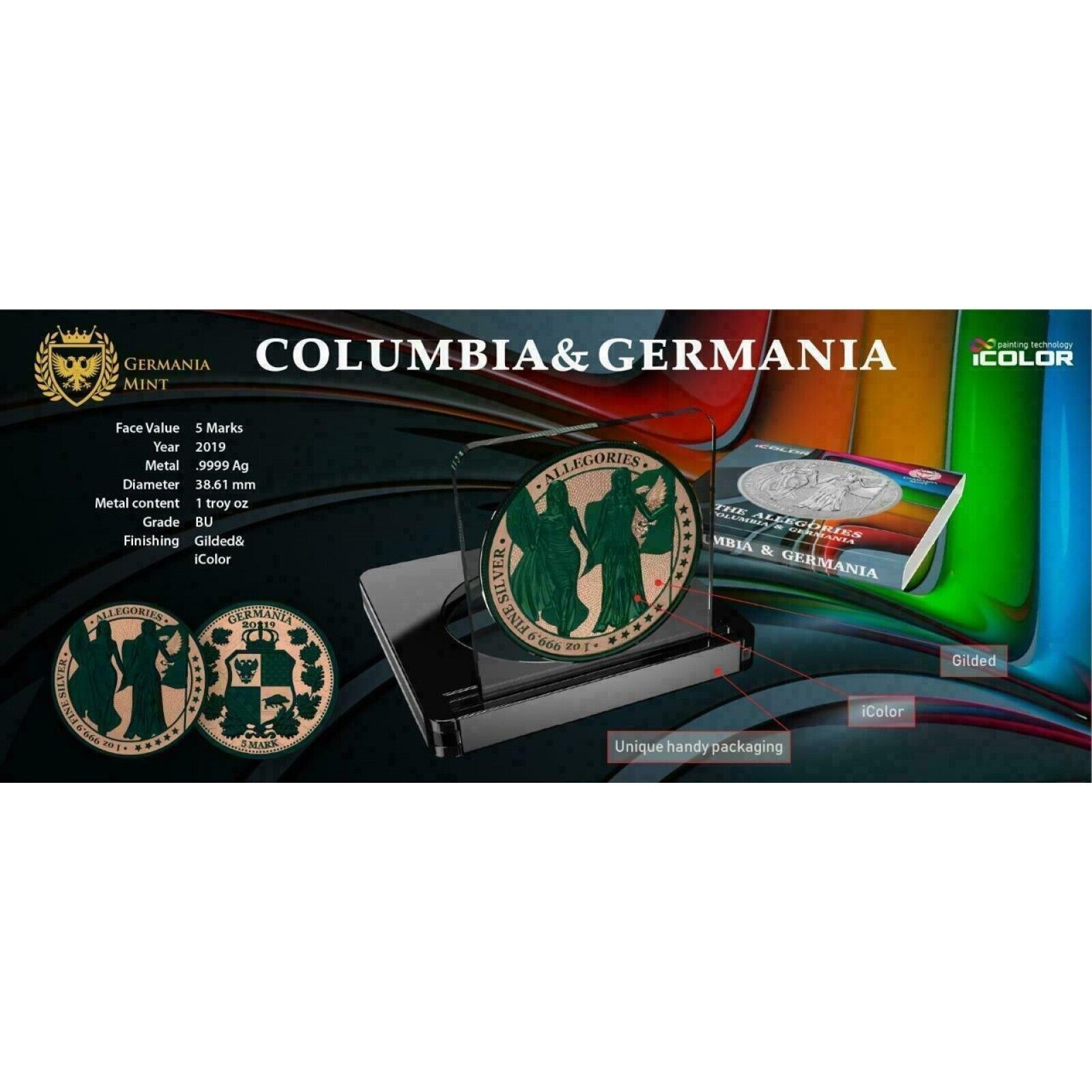 1 Oz Silver Coin 2019 5 Mark Columbia & Germania Allegories - Gold Dark Green-classypw.com-4