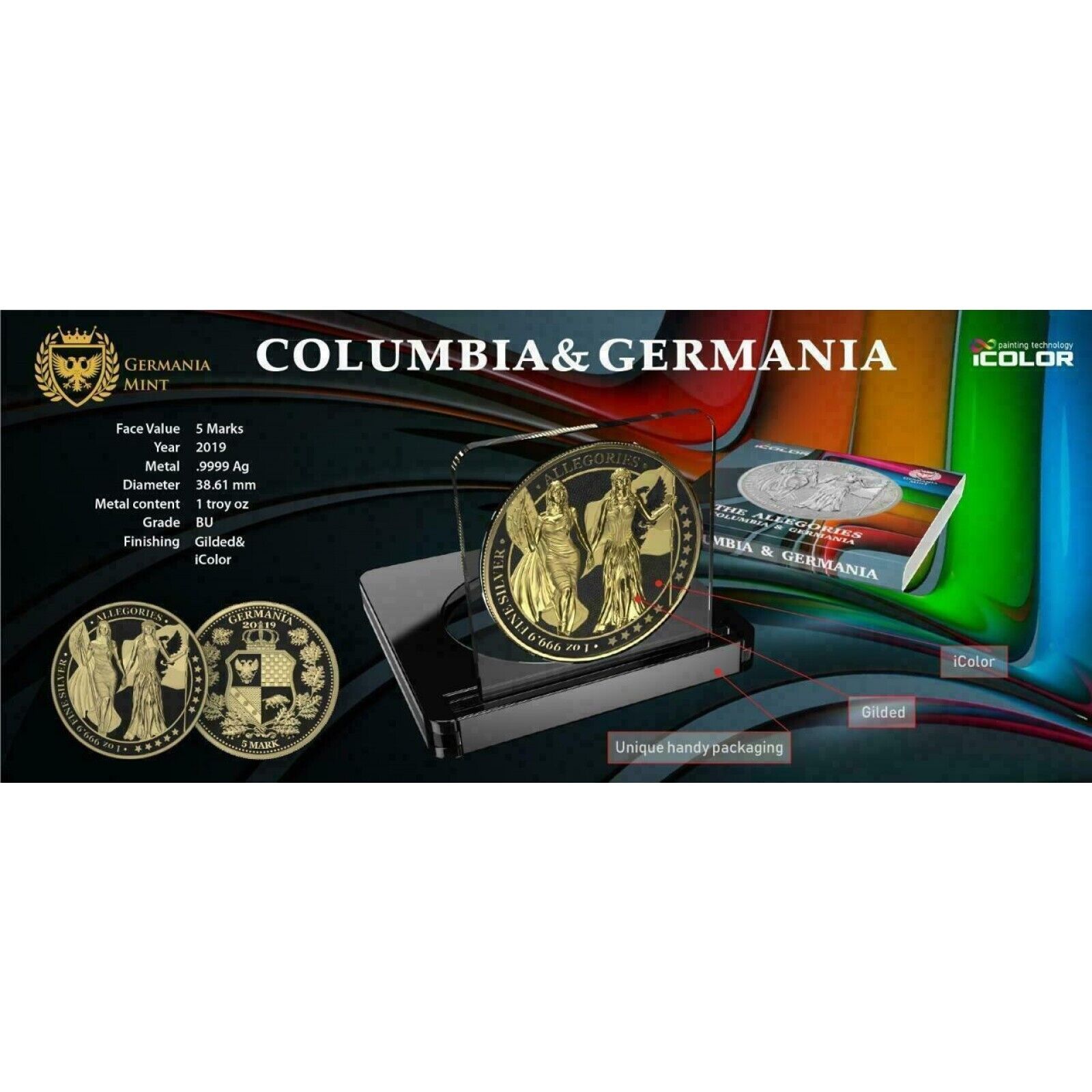 1 Oz Silver Coin 2019 5 Mark Columbia & Germania Allegories - Gold Varnish-classypw.com-2