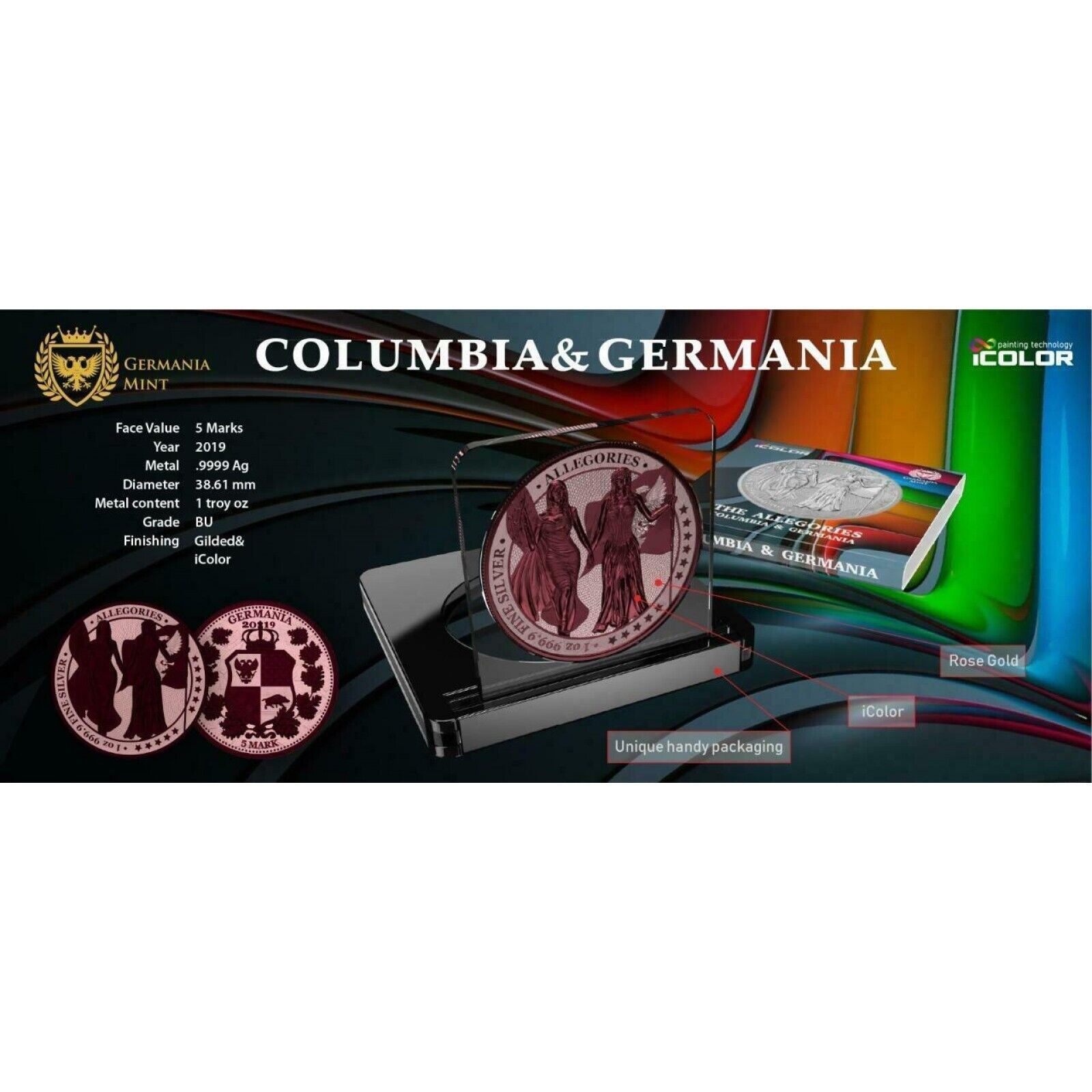1 Oz Silver Coin 2019 5 Mark Columbia & Germania Allegories - Rose Gold Maroon-classypw.com-4