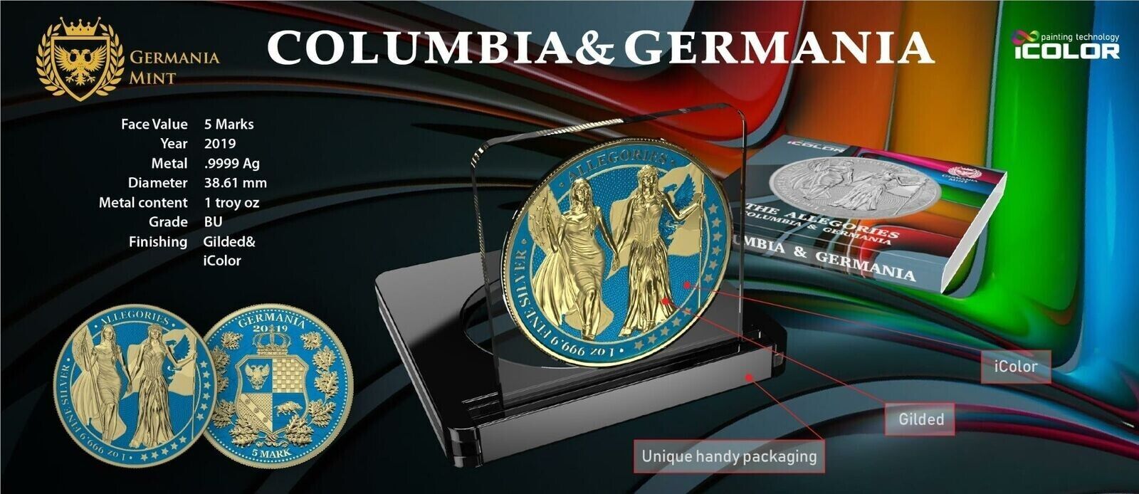 1 Oz Silver Coin 2019 5 Mark Columbia & Germania Allegories - Space Blue Gilded-classypw.com-4