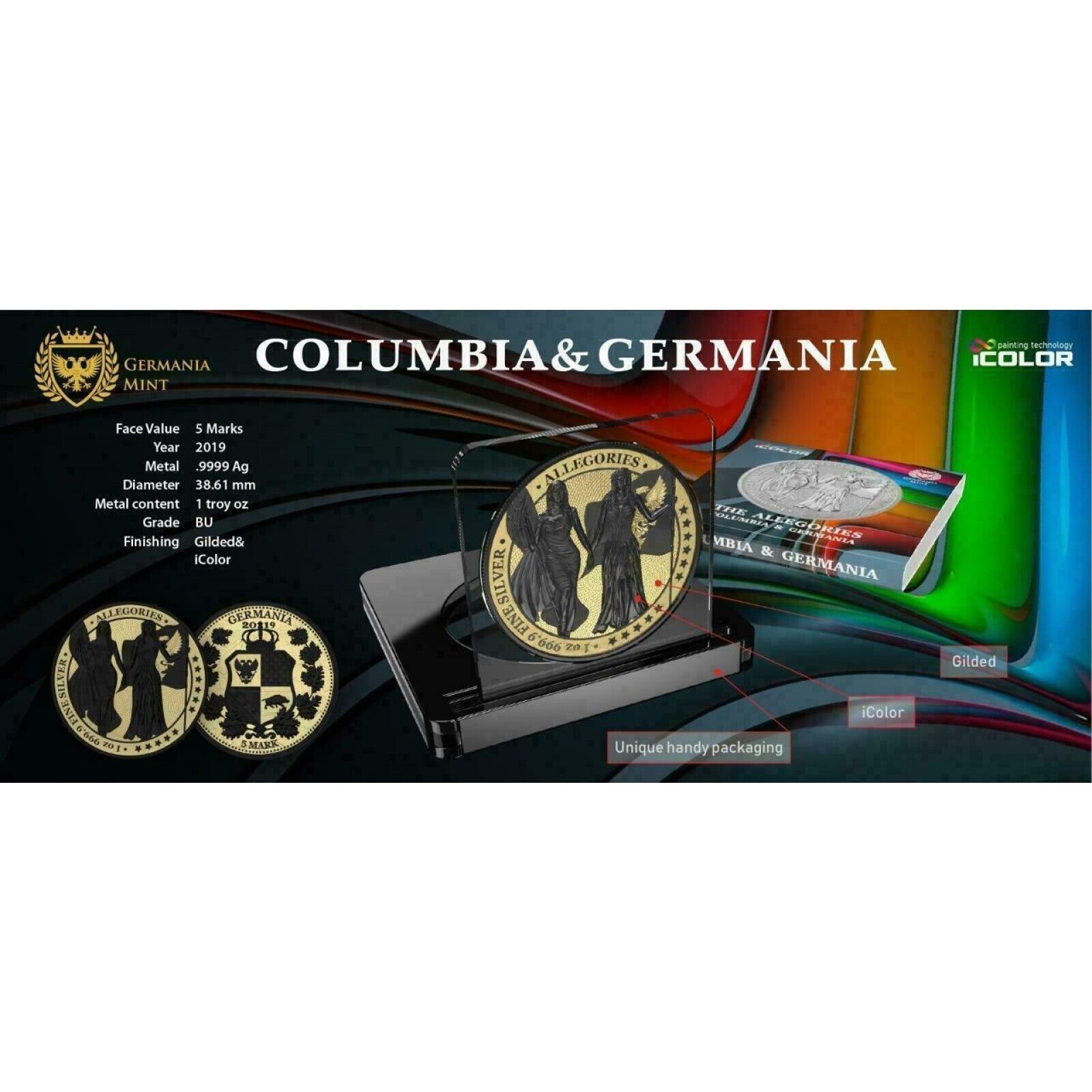 1 Oz Silver Coin 2019 5 Mark Columbia & Germania Allegories - Varnish Gold Black-classypw.com-4