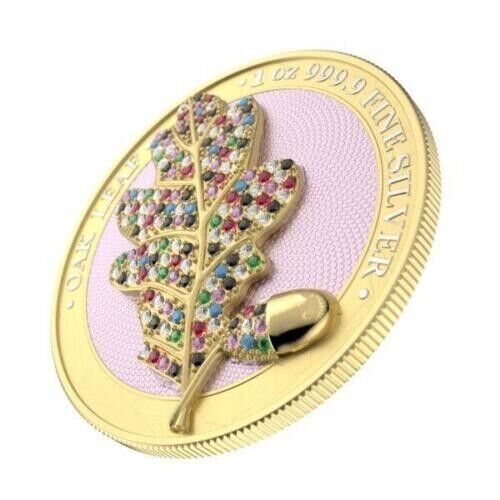 1 Oz Silver Coin 2019 5 Mark Germania Bejeweled Oak Leaf Yellow Silver Coin-classypw.com-2