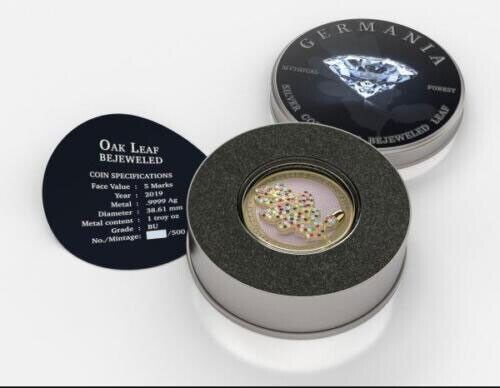 1 Oz Silver Coin 2019 5 Mark Germania Bejeweled Oak Leaf Yellow Silver Coin-classypw.com-4