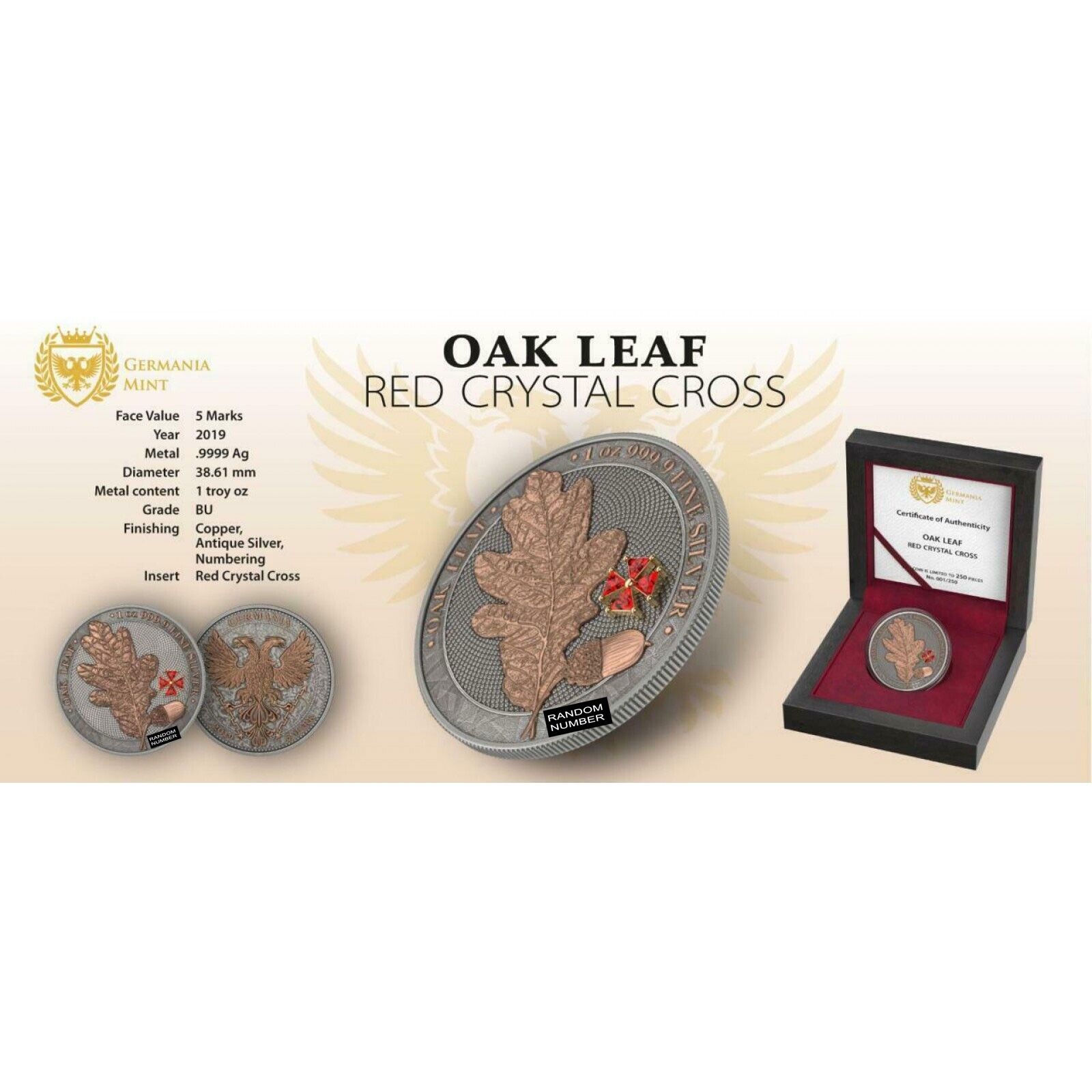 1 Oz Silver Coin 2019 5 Mark Germania Oak Leaf - Red Crystal Cross-classypw.com-6