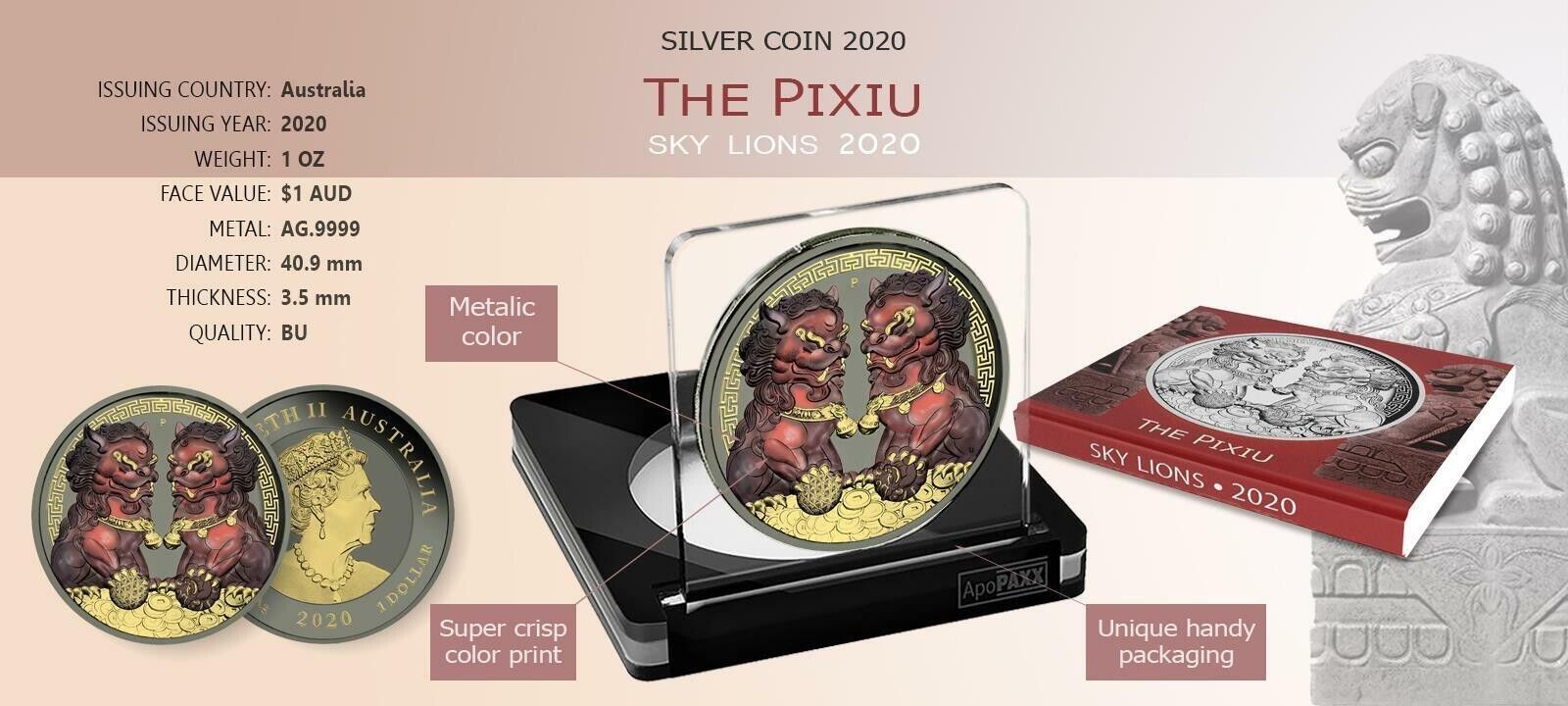 1 Oz Silver Coin 2020 $1 Australia Guardian Sky Lions Pixiu - Dark Red & Gilded-classypw.com-4
