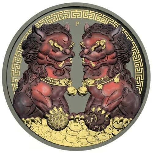 1 Oz Silver Coin 2020 $1 Australia Guardian Sky Lions Pixiu - Dark Red &amp; Gilded-classypw.com-5