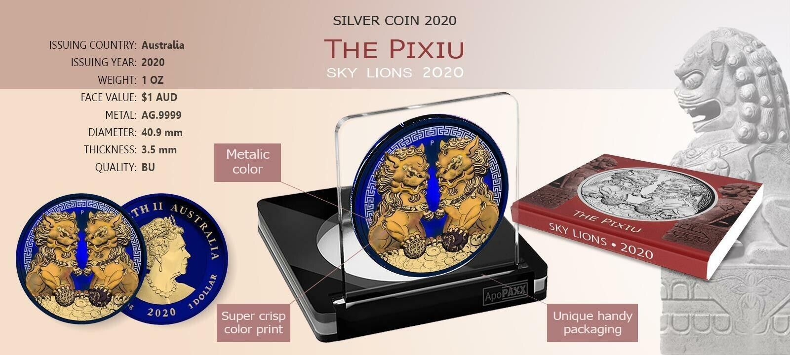 1 Oz Silver Coin 2020 $1 Australia Guardian Sky Lions Pixiu - Space Blue Gilded-classypw.com-4