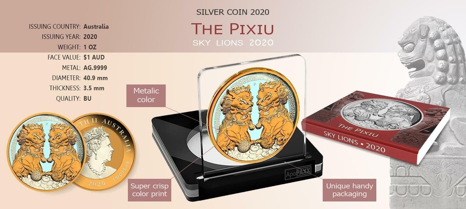 1 Oz Silver Coin 2020 $1 Australia Guardian Sky Lions Pixiu - Turquoise & Yellow-classypw.com-4