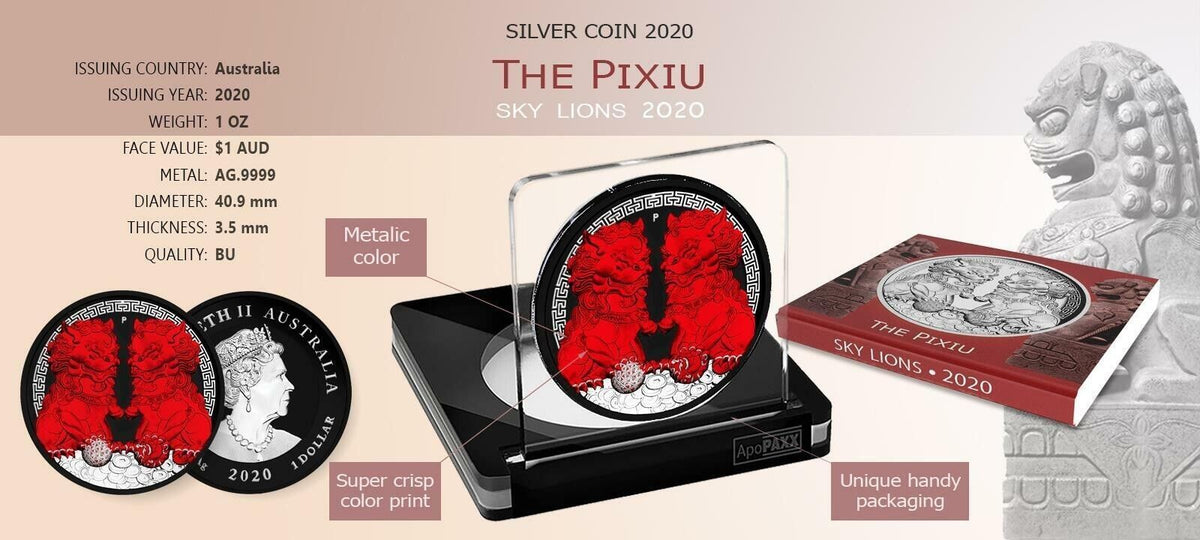 1 Oz Silver Coin 2020 $1 Australia Guardian Sky Lions The Pixiu - Black &amp; Red-classypw.com-4