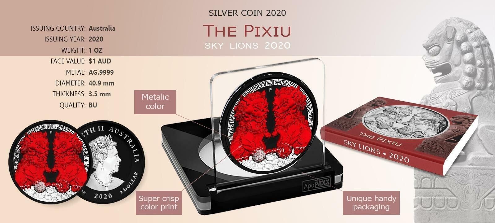 1 Oz Silver Coin 2020 $1 Australia Guardian Sky Lions The Pixiu - Black & Red-classypw.com-4