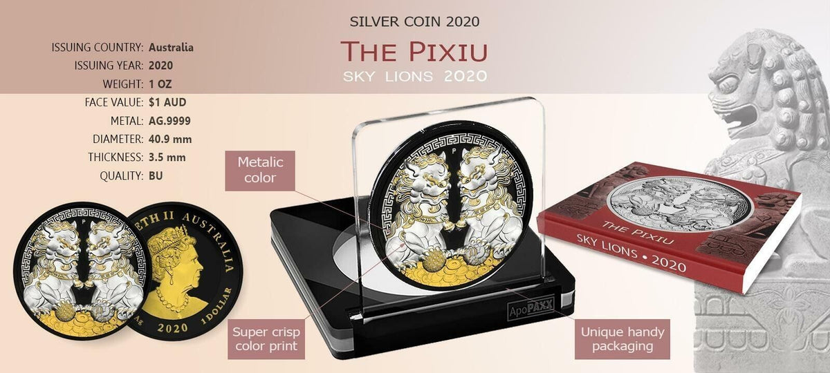 1 Oz Silver Coin 2020 $1 Australia Guardian Sky Lions The Pixiu - Black &amp; White-classypw.com-4
