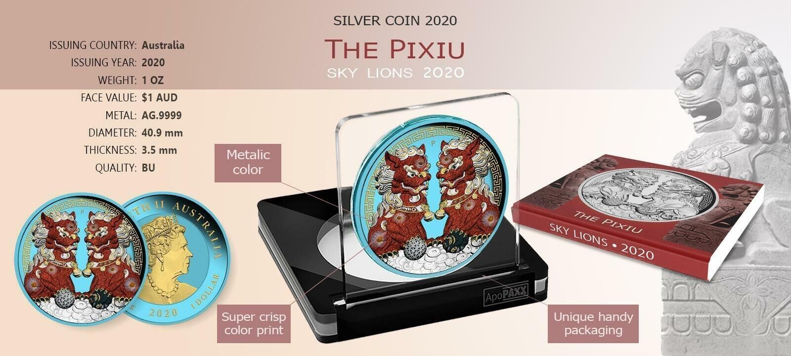 1 Oz Silver Coin 2020 $1 Australia Guardian Sky Lions The Pixiu - Bloody Lions-classypw.com-4