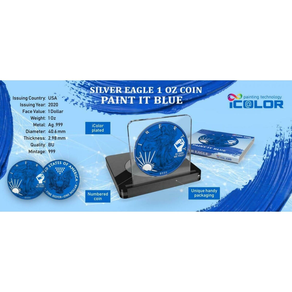 1 Oz Silver Coin 2020 $1 Liberty Paint It Blue - Free Speech Cellphone in hand-classypw.com-4